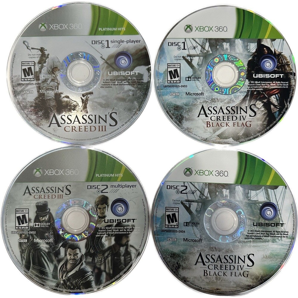 Assassins Creed: 2 Games 3 & 4 (Black Flag) 4 Discs, XBox 360, Disc Only, Tested